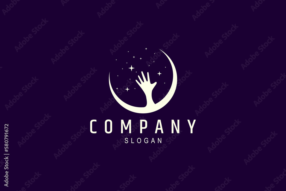 Abstract logo vector an image of a crescent moon with a hand reaching for the stars. Abstract logo vector an image of a crescent moon with a hand reaching for the stars.