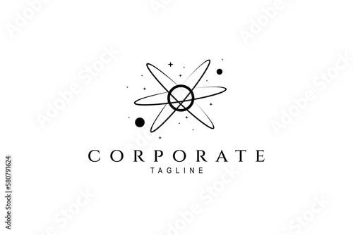 Vector logo design of a planet surrounded by orbital lines with constellations of stars around it.