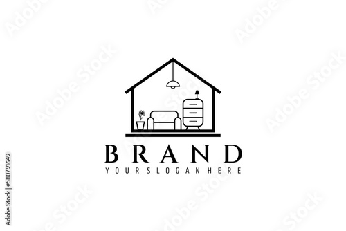 Vector line art logo an image of a minimalist house with assorted furniture inside, Suitable for businesses in the home furnishings industry.