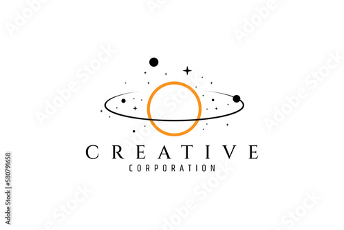Abstract logo vector image of a planet with orbital rings and surrounded by other planets and stars.