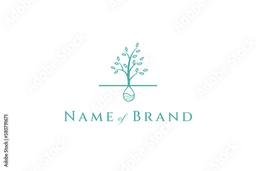 Logo vector an image of a growing tree with water drops under the ground in line art style.