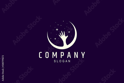 Abstract logo vector an image of a crescent moon with a hand reaching for the stars.