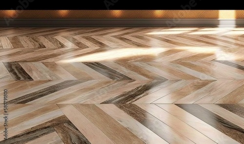  a wooden floor with a chevron pattern in a room. generative ai