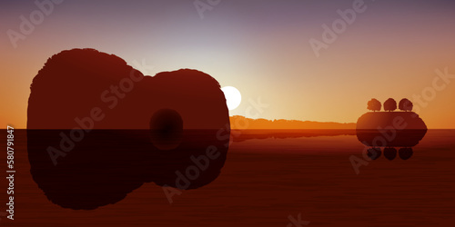 Concept poétique sur la musique, avec les îles d’un archipel qui forment la silhouette d’une guitare, en se reflétant dans l’eau.