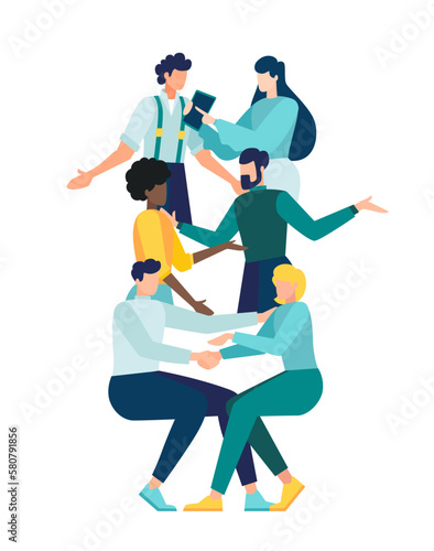 workshop talk workers people are sitting at negotiating table, vector collective thinking and brainstorming, company information analytics Vector illustration