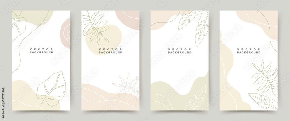 Abstract trendy backgrounds with minimal flower elements in line art style. Editable vector templates in neutral colors for social media post, banner, advertisement, card, cover,
poster, mobile apps