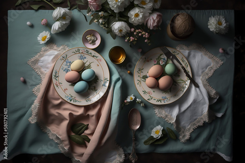 Easter breakfast with eggs on flowers, generative ai