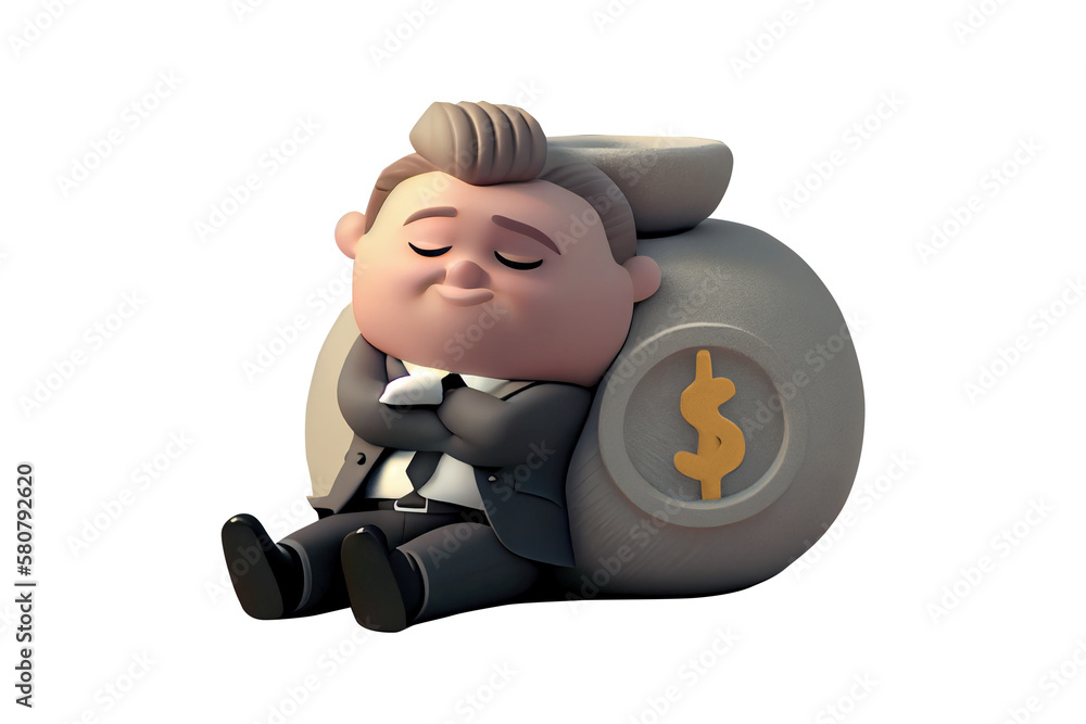 Cute businessman character, sitting happy smiling with assets. Generative AI. Cute businessman character, sitting happy smiling with assets. Generative AI.