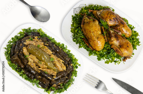 Traditional Egyptian Cuisine: Stuffed Pigeon (Hamam Mahshi) and Vegetarian Stuffed Cabbage, Peppers, and Vine Leaves on white background