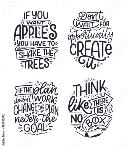 Set with hand drawn lettering quotes in modern calligraphy style about business motivation. Inspiration slogans for print and poster design. Vector