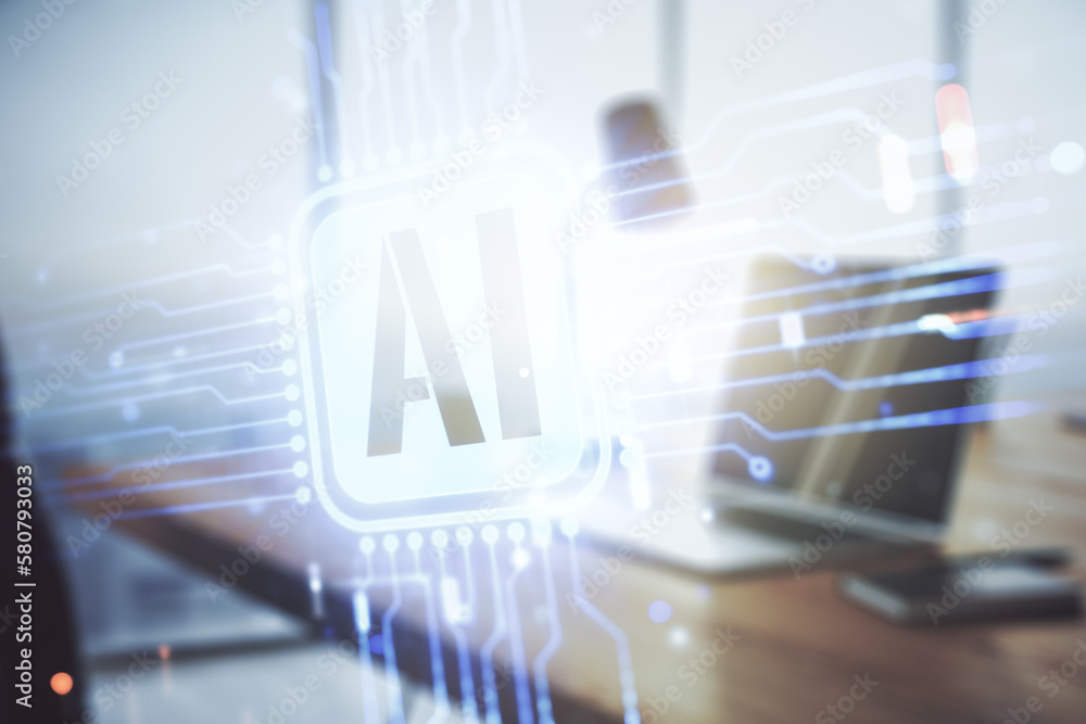 Double exposure of creative artificial Intelligence icon with modern laptop on background. Neural networks and machine learning concept Double exposure of creative artificial Intelligence icon with modern laptop on background. Neural networks and machine learning concept