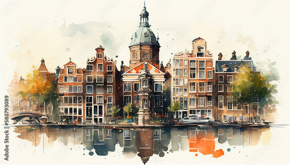 Watercolor cityscape of the city of Amsterdam, capital of the Netherlands (Europe), on the banks of the Amstel river. Design. Chart. drawing, illustration. paint. art. decor. city - obrazy, fototapety, plakaty 