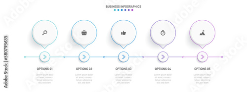 Timeline infographic with infochart. Modern presentation template with 5 spets for business process. Website template on white background for concept modern design. Horizontal layout.