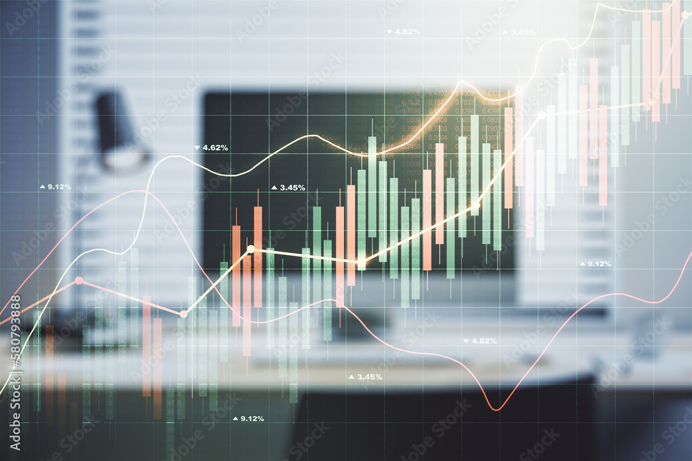 Double exposure of abstract creative financial chart on modern laptop background, research and strategy concept Double exposure of abstract creative financial chart on modern laptop background, research and strategy concept
