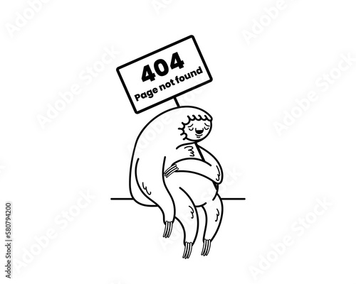404 error page with lazy sloth. Page not found. Isolated on white. Stock vector illustration.