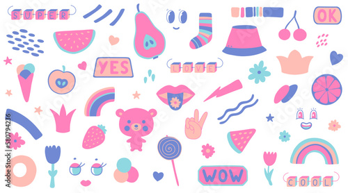 Fun colorful stickers collection in y2k style. Girly doodle set.