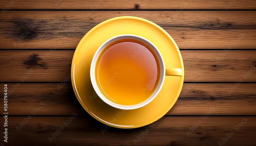 Cup of tea on a wooden background, top view, generative AI. Cup of tea on a wooden background, top view, generative AI.