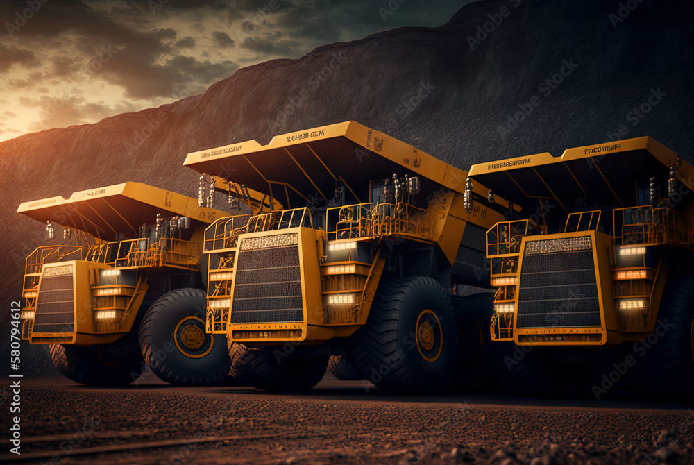 Dump truck for heavy industry mining. Ore or coal mining site with huge yellow vehicles. Industrial transport. Generated AI. Dump truck for heavy industry mining. Ore or coal mining site with huge yellow vehicles. Industrial transport. Generated AI.