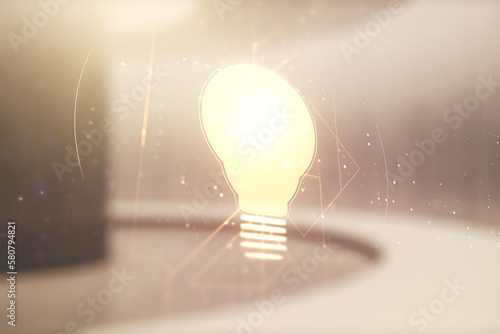 Double exposure of creative light bulb hologram on empty modern office background, research and development concept