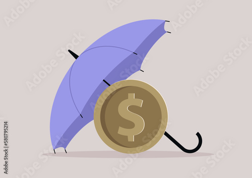 A dollar coin hidden under an open umbrella, financial instruments of protection