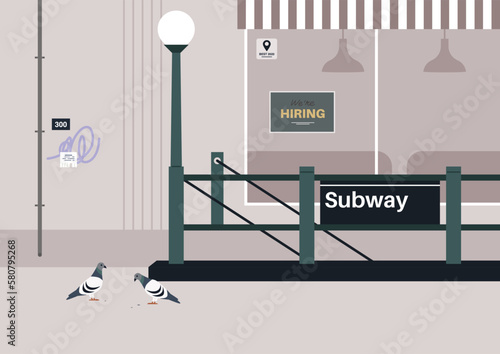 A metro station entrance, urban scene with pigeons and graffiti, big city life photo