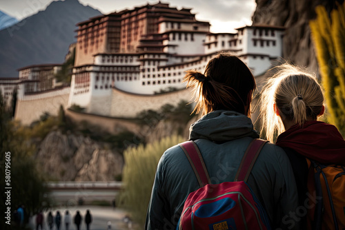 Fototapete Generative AI Illustration of a couple of travelers looking at the potala palace