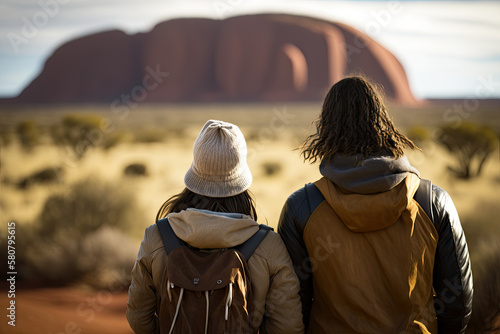 Generative AI Illustration of a traveler couple looking at Uluru rock in Ayers Rock in Australian outback at sunset