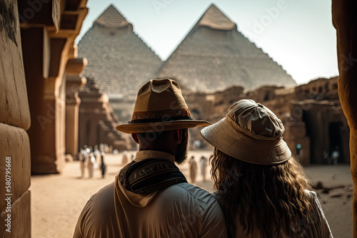 Generative AI Illustration of a couple looking at the pyramids of giza in egypt