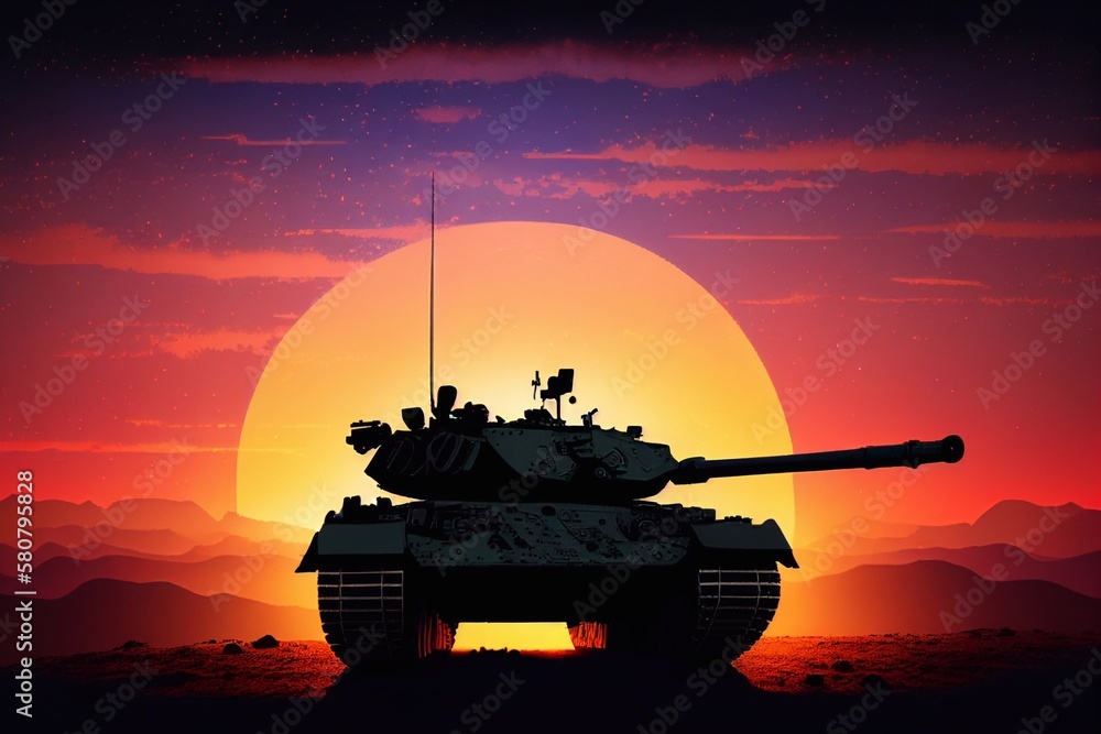 Silhouette of a main battle tank on a battlefield against the sunset., Generative AI