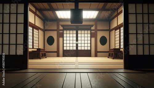 Oriental interior with window and mat on floor  sport hall for martial art classes. Indoor background. AI generative image.