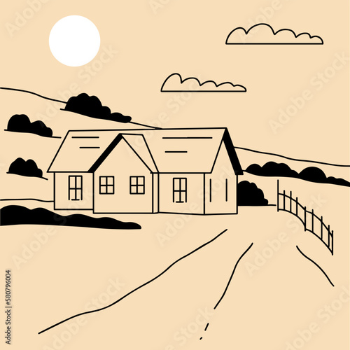 Landscape. Ranch, house in the mountain, farm, meadow, house, tree, road, mountain. Hand drawn vector illustration. Minimalistic panoramic study of the countryside. Icon, logo, print, poster templates