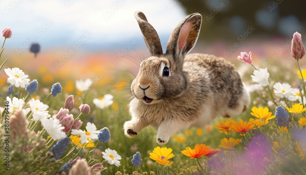 Bunny hopping through the flowers. Generative ai.