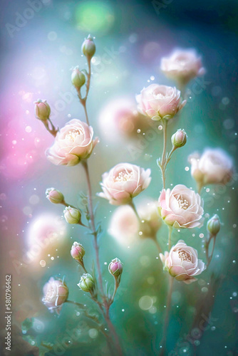 small pastel-coloured roses on a light blurred bokeh background. AI generativ.