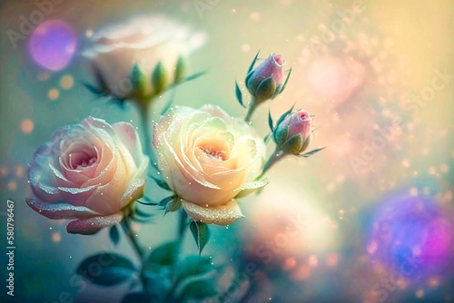 small pastel-coloured roses on a light blurred bokeh background. AI generativ.