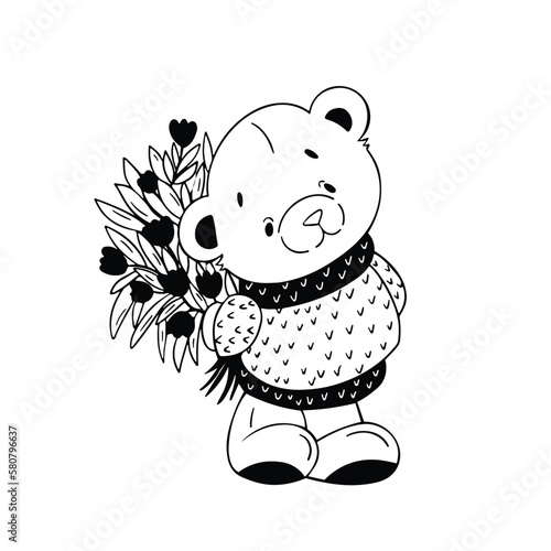 Vector illustration. Teddy bear with white flower.
