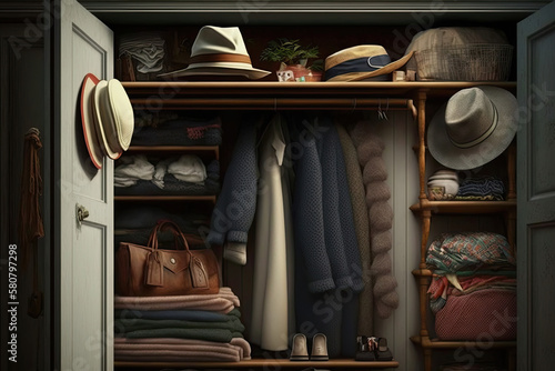 Closet with neatly laid out clothes. Interior of wardrobe with clothes on shelves. Created with Generative AI © Lazy_Bear