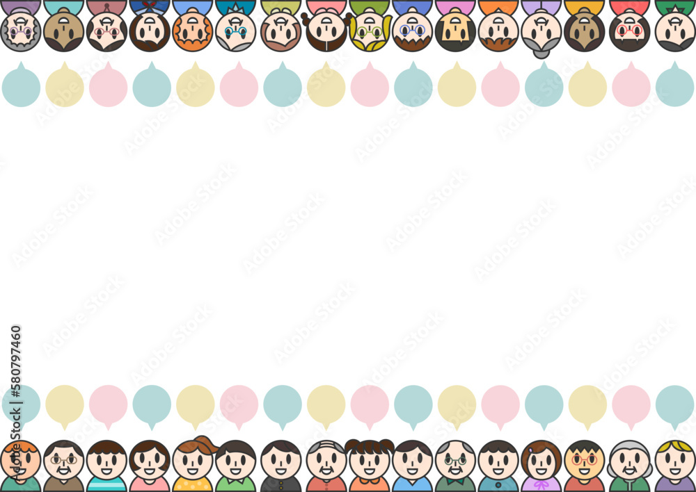 人々の顔と吹き出しのフレームイラスト