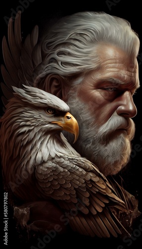 A powerful portrait of Zeus, king of the gods, with the head of an eagle, symbolizing his majesty and wisdom. Generative AI © Denis Yevtekhov
