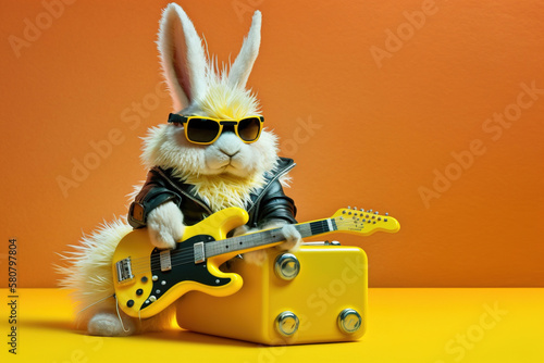 Guitarist rocker rabbit with sunglasses, guitar and leather jacket. looking at camera. Studio shot on yellow background.