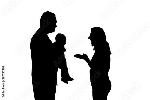 Silhouette of sad man and woman in a quarrel against, isolated on a white background. Divorce of husband and wife in the evening light of the home living room