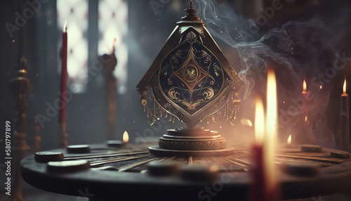 Cartomancy - Pendulum On Blurred Altar With Defocused - Tarot Cards And Smoke