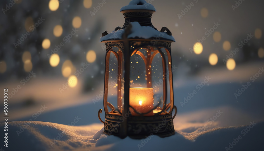 Christmas Lantern Glowing On Wooden Table With Decoration And String Lights - Bokeh And Glittering Effect On Background Christmas Lantern Glowing On Wooden Table With Decoration And String Lights - Bokeh And Glittering Effect On Background
