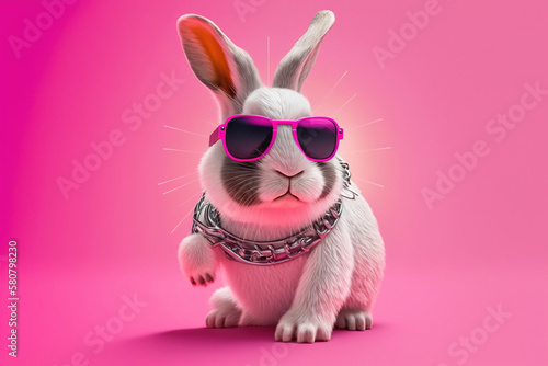 Glam rabbit with pink glasses and accessories, Bunny.Studio shot on pink background