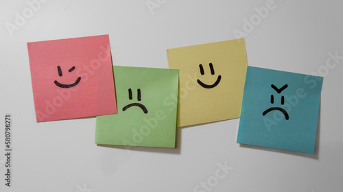 Sticker notes on the white background. Sticky note papers with smiley. Winking, sad, happy and angry face.