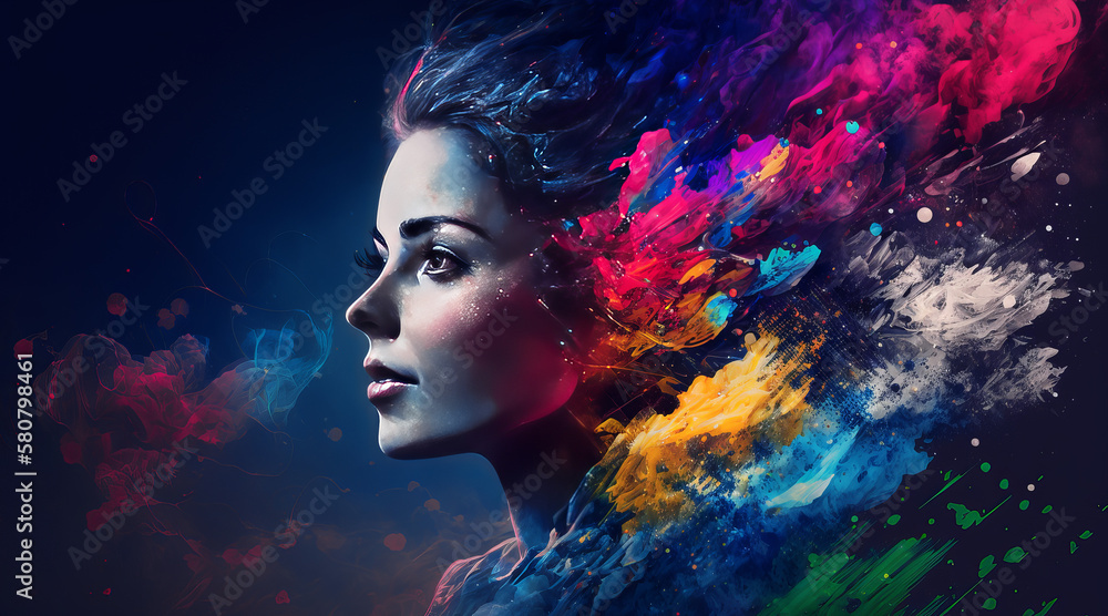 Portrait of a girl with colorful powder makeup. Close-up of a woman's face in Vogue style, abstract colorful make-up, artistic design. Black background