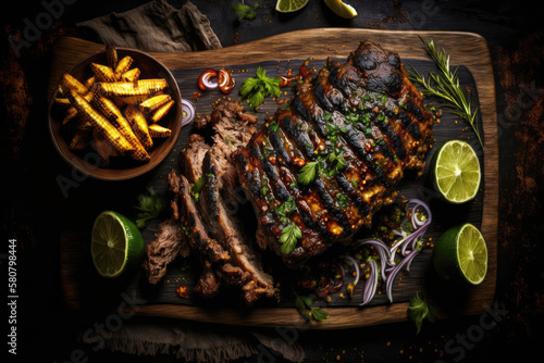 Delicious Grilled pork Baby Back spare ribs on a wooden board, top view