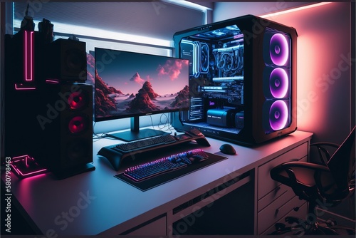 Gaming Setup with RGB Computer Case and Wide Angle Display