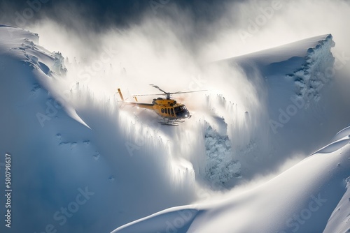 Helicopter taking of with group of freeriders snow mountain background,geanerative ai. photo