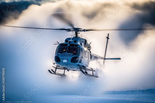 Helicopter taking of with group of freeriders snow mountain background,geanerative ai. © Nokhoog