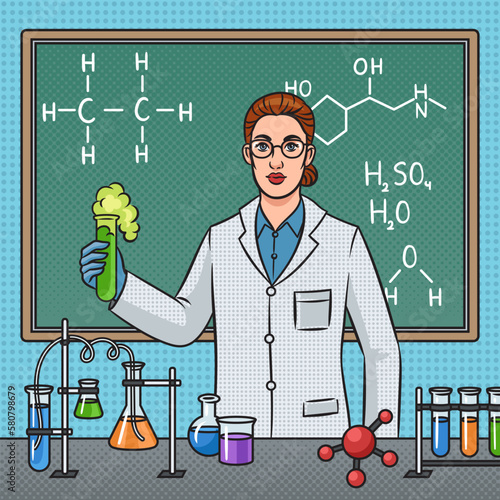 Chemistry teacher in chemistry lab conducting an experiment with liquids in glass flasks pinup pop art retro vector illustration. Comic book style imitation.